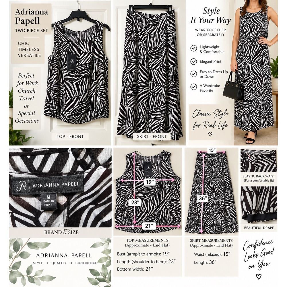 Adrianna Papell Skirt Set Womens M Black White NEW Geometric Leaf Maxi 2 Piece